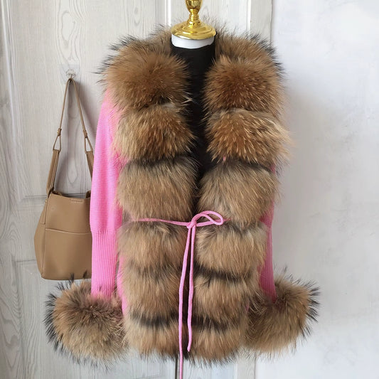Women'S Spring and Autumn Sweater Cardigan Jacket with Real Fox Fur Collar Real Fox Fur Jacket Natural Fox Fur Women'S Jacket